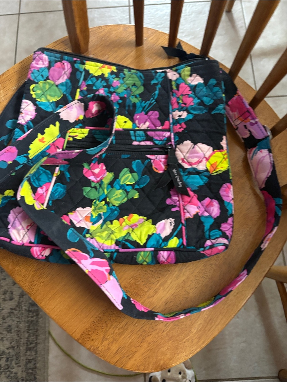 Vera Bradley Black Quilted Crossbody with Pink Teal Lime Floral